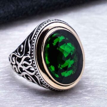 925 Ayar Gümüş Yeşil Zirkon  Taşlı Erkek  Yüzük Model 4