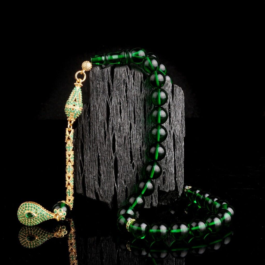 925 Ayar Gümüş Zirkon Taşlı Püsküllü Yeşil Renk Ateş Kehribar Tesbih