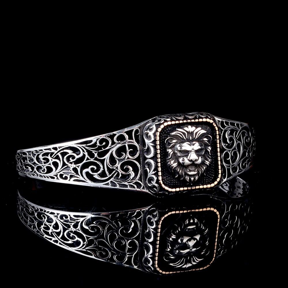 925 Ayar Gümüş Aslan Figürlü Ayarlanabilir Erkek Kelepçe Bileklik