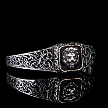 925 Ayar Gümüş Aslan Figürlü Ayarlanabilir Erkek Kelepçe Bileklik