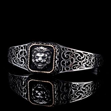 925 Ayar Gümüş Aslan Figürlü Ayarlanabilir Erkek Kelepçe Bileklik