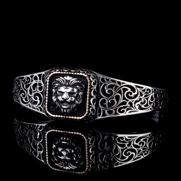 925 Ayar Gümüş Aslan Figürlü Ayarlanabilir Erkek Kelepçe Bileklik
