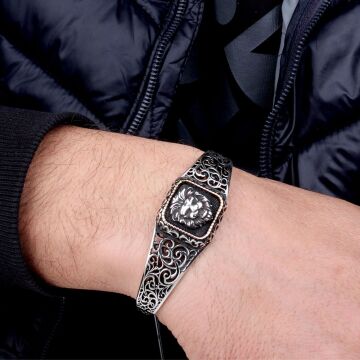 925 Ayar Gümüş Aslan Figürlü Ayarlanabilir Erkek Kelepçe Bileklik