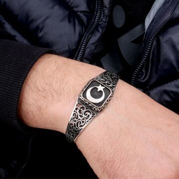925 Ayar Gümüş Ayyıldız Ayarlanabilir Erkek Kelepçe Bileklik