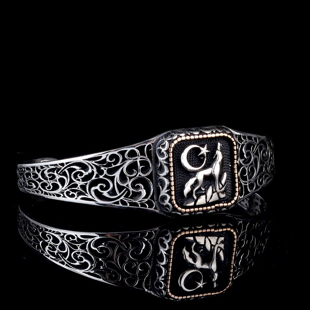 925 Ayar Gümüş Ayyıldız Kurt Ayarlanabilir Erkek Kelepçe Bileklik