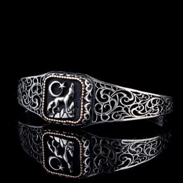 925 Ayar Gümüş Ayyıldız Kurt Ayarlanabilir Erkek Kelepçe Bileklik