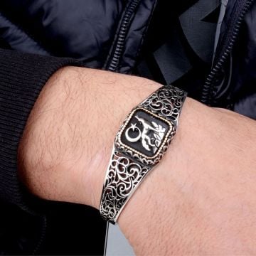 925 Ayar Gümüş Ayyıldız Kurt Ayarlanabilir Erkek Kelepçe Bileklik