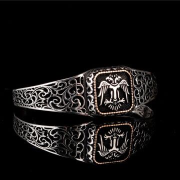 925 Ayar Gümüş Çift Başlı Selçuklu Kartalı Ayarlanabilir Erkek Kelepçe Bileklik