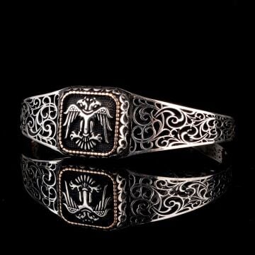 925 Ayar Gümüş Çift Başlı Selçuklu Kartalı Ayarlanabilir Erkek Kelepçe Bileklik