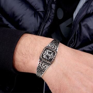925 Ayar Gümüş Çift Başlı Selçuklu Kartalı Ayarlanabilir Erkek Kelepçe Bileklik