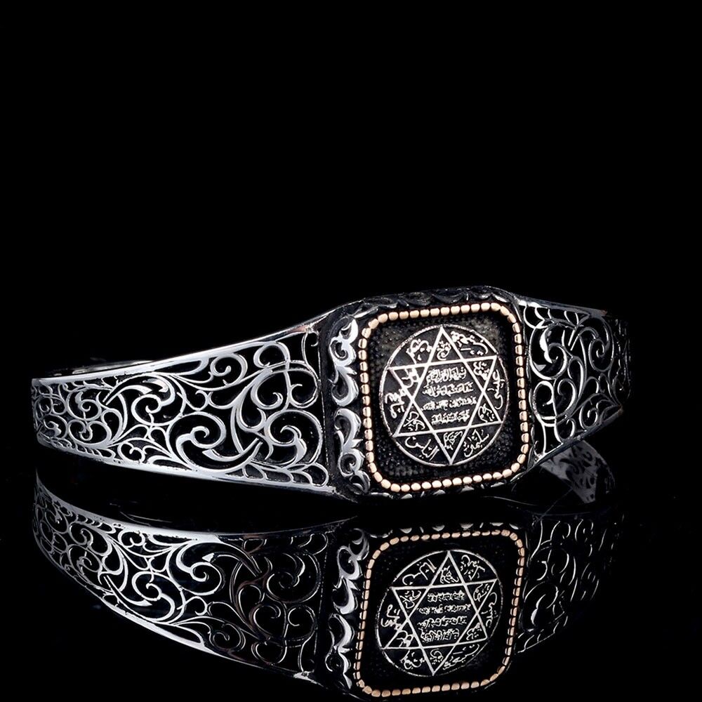 925 Ayar Gümüş Mührü Süleyman Ayarlanabilir Erkek Kelepçe Bileklik