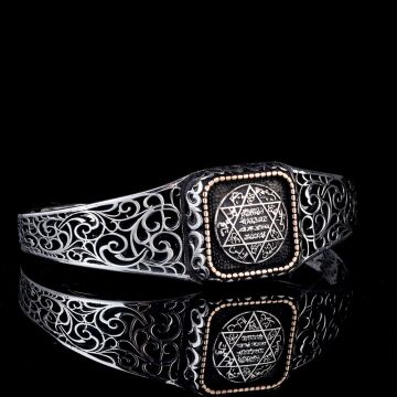 925 Ayar Gümüş Mührü Süleyman Ayarlanabilir Erkek Kelepçe Bileklik