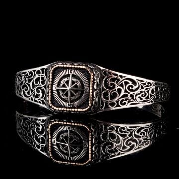 925 Ayar Gümüş Pusula Ayarlanabilir Erkek Kelepçe Bileklik