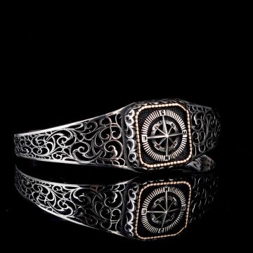 925 Ayar Gümüş Pusula Ayarlanabilir Erkek Kelepçe Bileklik