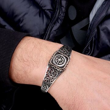925 Ayar Gümüş Pusula Ayarlanabilir Erkek Kelepçe Bileklik