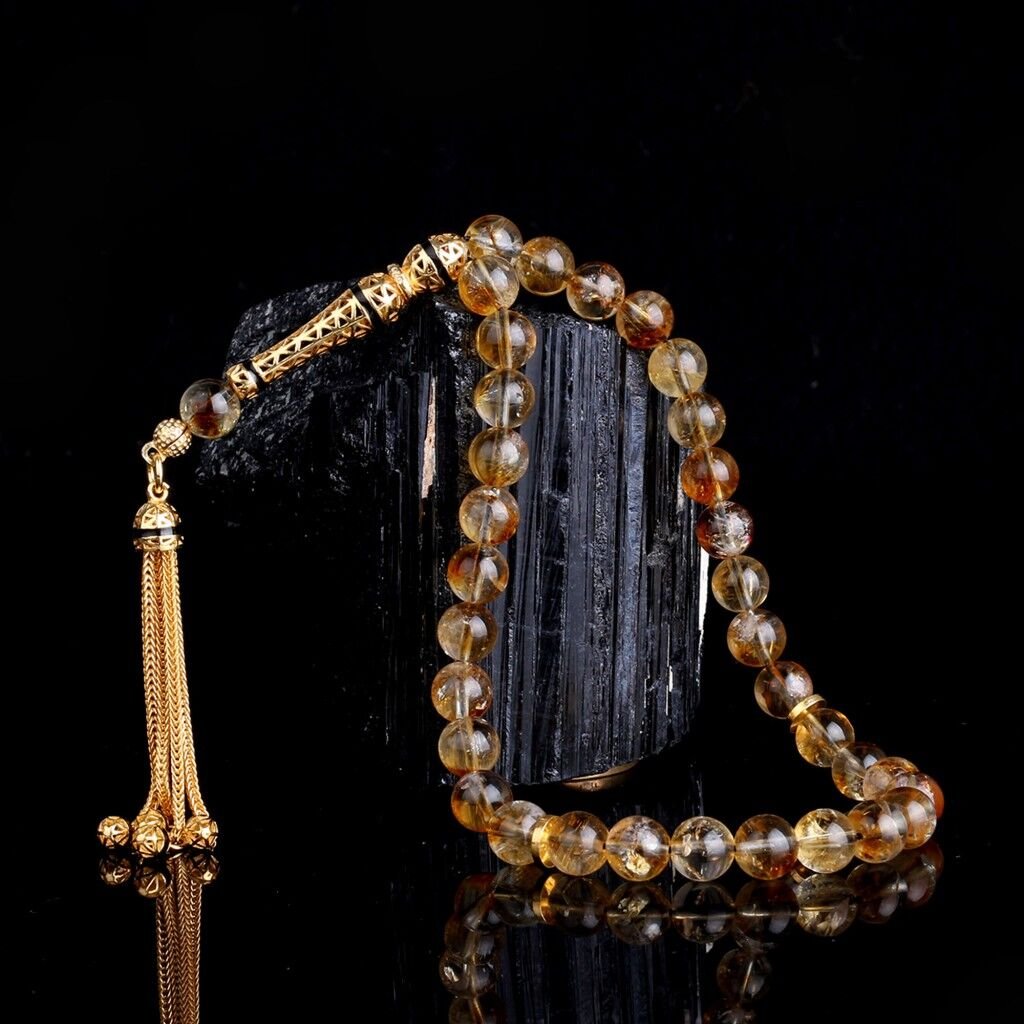 925 Ayar Mineli Gümüş Püsküllü Sitrin Taşı Tesbih