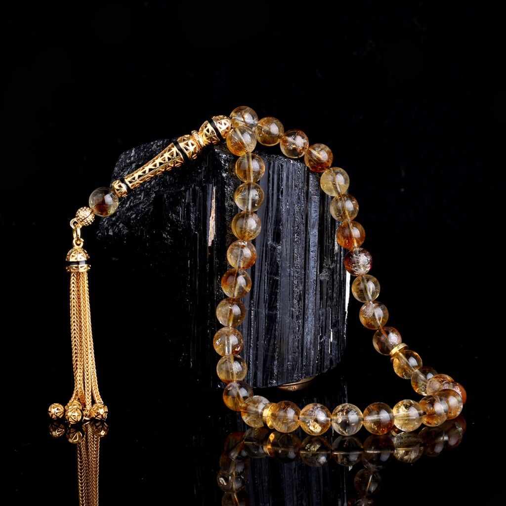 925 Ayar Mineli Gümüş Püsküllü Sitrin Taşı Tesbih