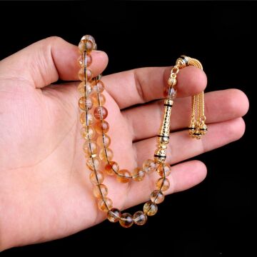 925 Ayar Mineli Gümüş Püsküllü Sitrin Taşı Tesbih