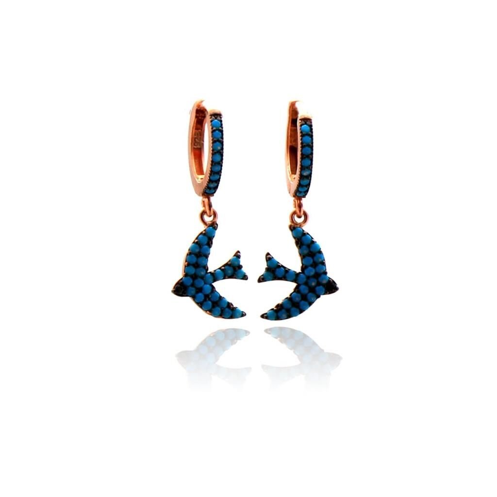 Nano Turkuaz  Taşlı Kuş Figürlü Küpe