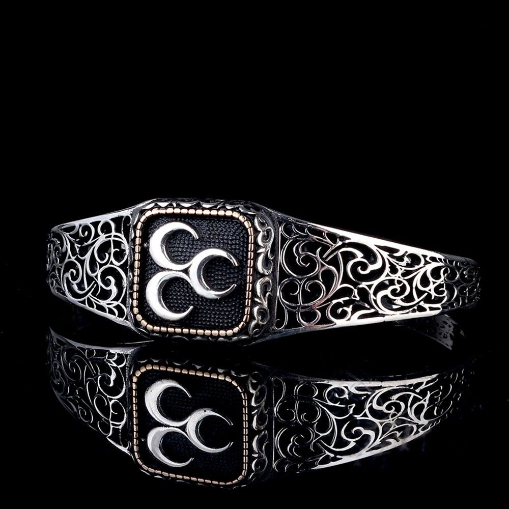 925 Ayar Gümüş Üç Hilal Ayarlanabilir Erkek Kelepçe Bileklik