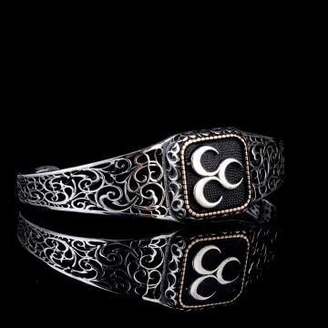 925 Ayar Gümüş Üç Hilal Ayarlanabilir Erkek Kelepçe Bileklik