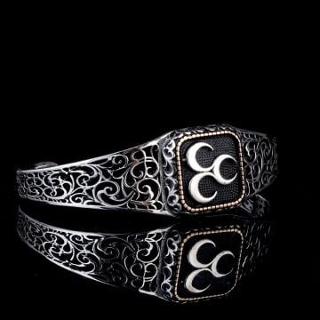 925 Ayar Gümüş Üç Hilal Ayarlanabilir Erkek Kelepçe Bileklik