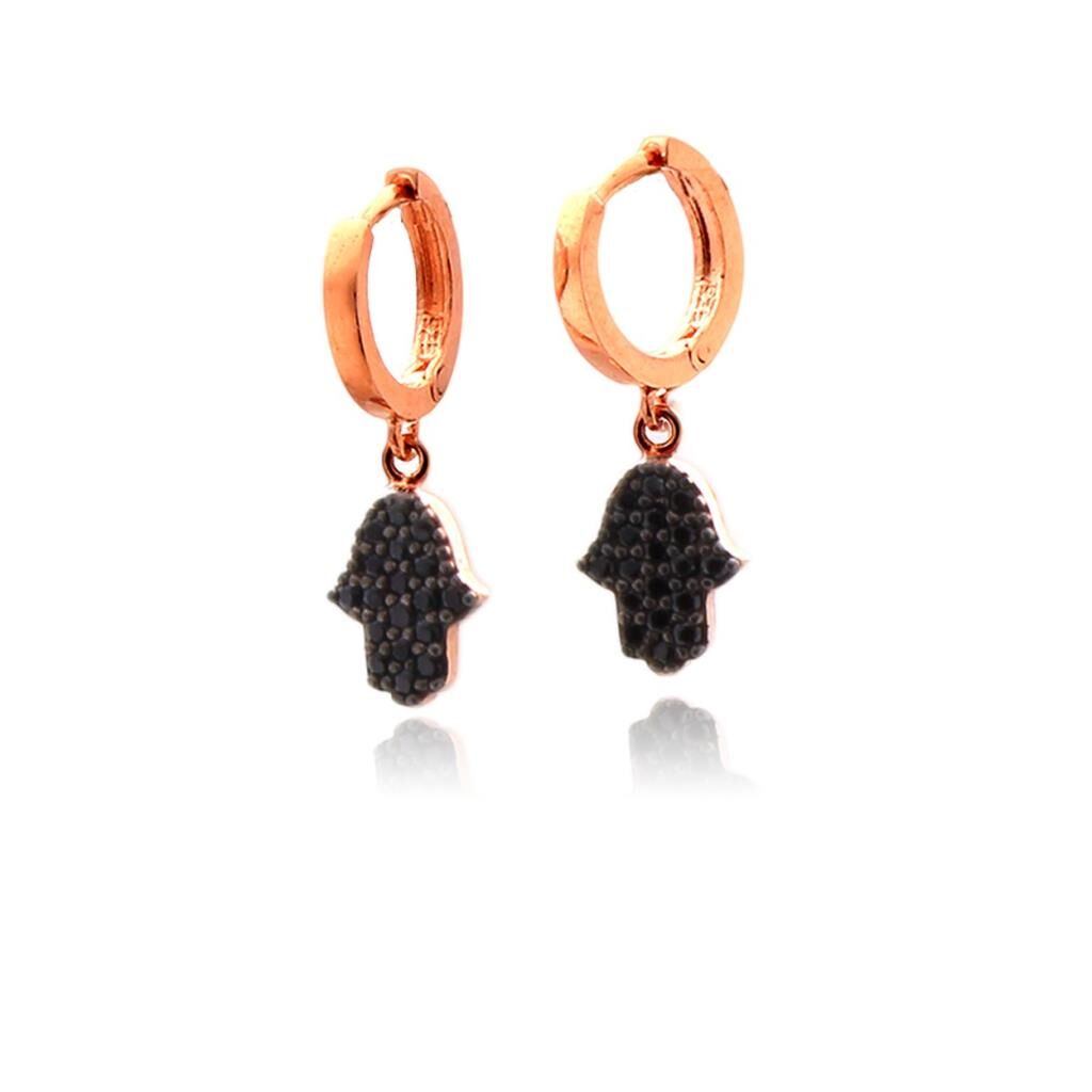 Siyah Taşlı Fatma Ananın Eli Motifli Gümüş Küpe