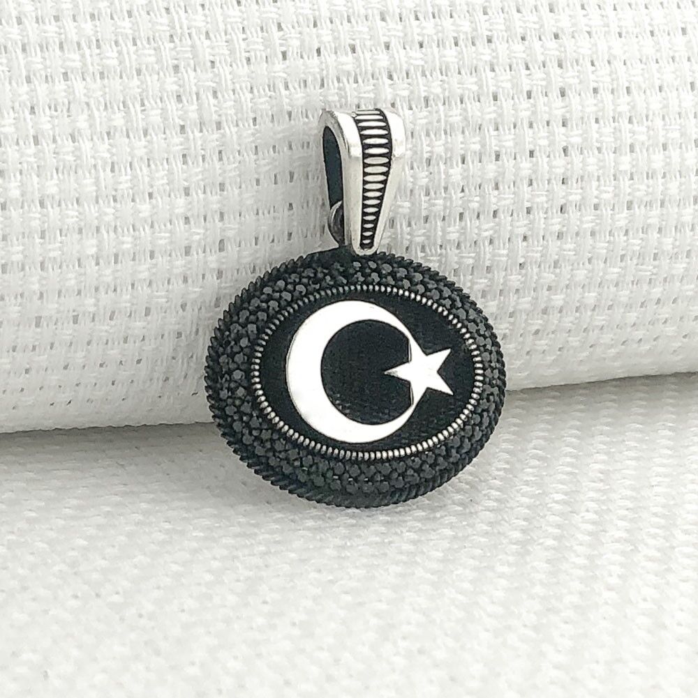 925 Ayar Gümüş Siyah Taşlı Ayyıldız Kolye Ucu