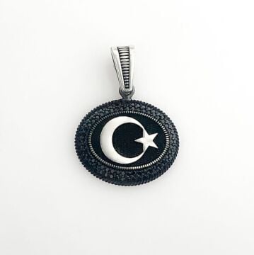 925 Ayar Gümüş Siyah Taşlı Ayyıldız Kolye Ucu