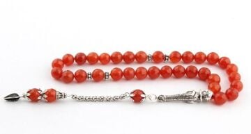 Akik Açık Kırmızı Kristal Kesim Tesbih 925 Ayar Gümüş Püsküllü