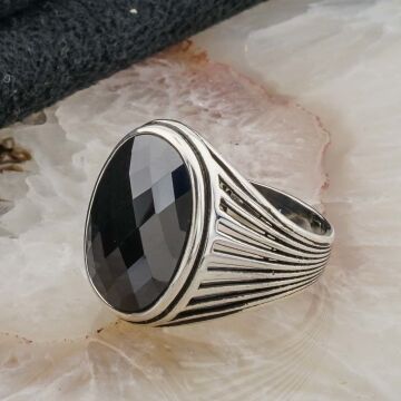 Siyah Zirkon Taşlı  Gümüş  Erkek Yüzük  Model 3