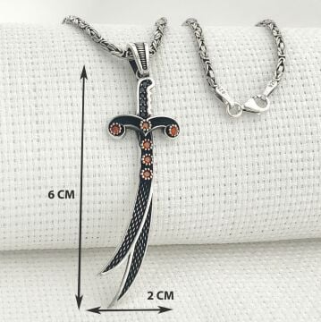 925 Ayar Gümüş Kırmızı Taşlı Zülfikar Kral Zincir Kolye