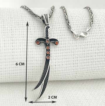 925 Ayar Gümüş Kırmızı Taşlı Zülfikar Kral Zincir Kolye