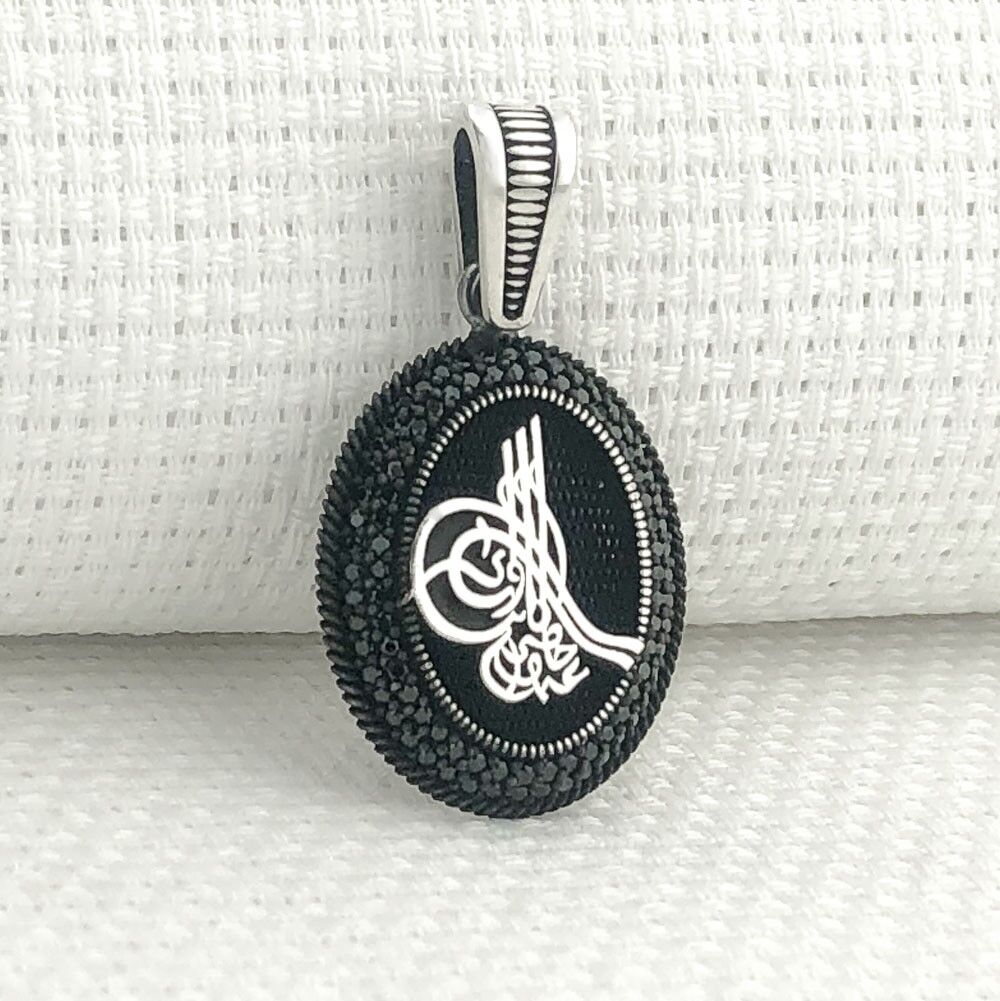 925 Ayar Gümüş Siyah Taşlı Osmanlı Tuğralı Kolye Ucu