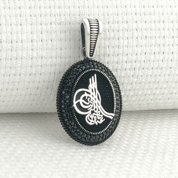 925 Ayar Gümüş Siyah Taşlı Osmanlı Tuğralı Kolye Ucu