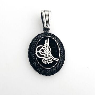 925 Ayar Gümüş Siyah Taşlı Osmanlı Tuğralı Kolye Ucu