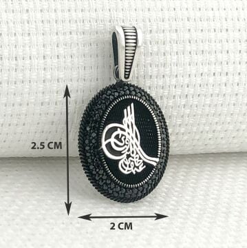 925 Ayar Gümüş Siyah Taşlı Osmanlı Tuğralı Kolye Ucu