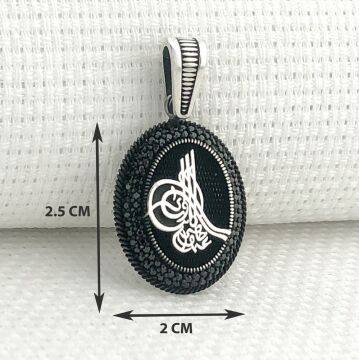 925 Ayar Gümüş Siyah Taşlı Osmanlı Tuğralı Kolye Ucu