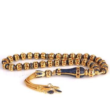 ALTIN KAPLAMA LACİVERT RENK ZİRKON TAŞLI 925 AYAR GÜMÜŞ TESBİH