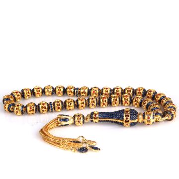 ALTIN KAPLAMA LACİVERT RENK ZİRKON TAŞLI 925 AYAR GÜMÜŞ TESBİH