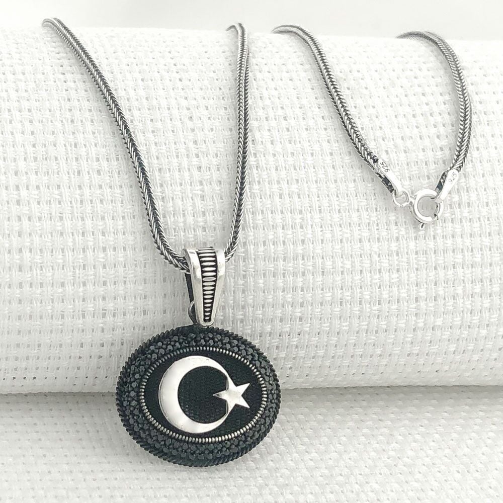 925 Ayar Gümüş Siyah Taşlı Ayyıldız Kolye