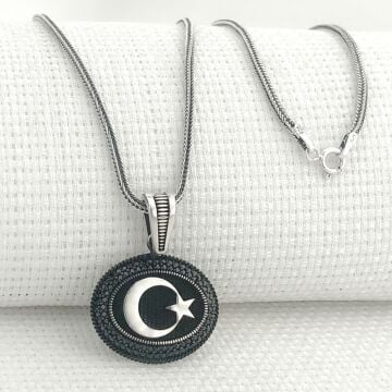 925 Ayar Gümüş Siyah Taşlı Ayyıldız Kolye