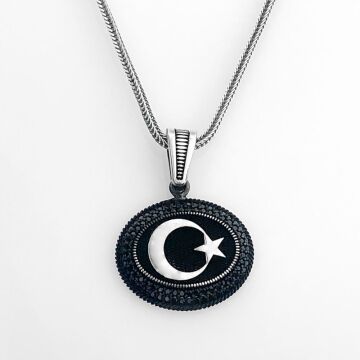 925 Ayar Gümüş Siyah Taşlı Ayyıldız Kolye