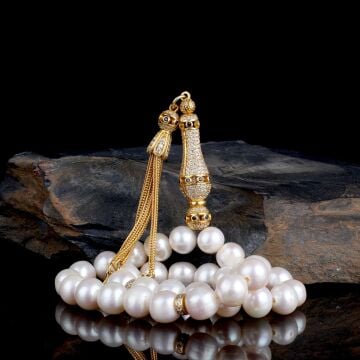 Altın Kaplama Zirkon Taşlı 10 mm İnci taşlı Tesbih