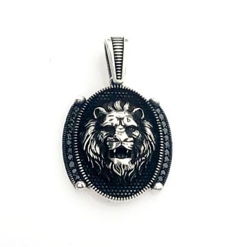 925 Ayar Gümüş Siyah Taşlı Aslan Figürlü Kolye Ucu