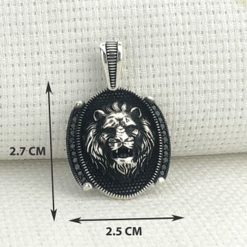 925 Ayar Gümüş Siyah Taşlı Aslan Figürlü Kolye Ucu