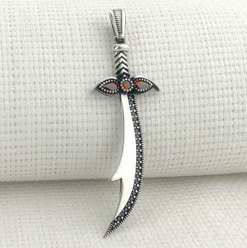 925 Ayar Gümüş Kırmızı Taşlı Zülfikar Kolye Ucu