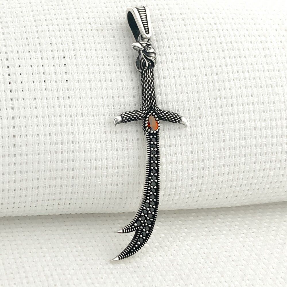 925 Ayar Gümüş Kırmızı Taşlı Kartal Başlı Zülfikar Kolye Ucu