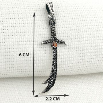 925 Ayar Gümüş Kırmızı Taşlı Kartal Başlı Zülfikar Kolye Ucu