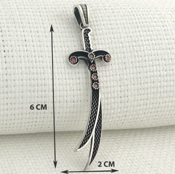 925 Ayar Kırmızı Taşlı Zülfikar Gümüş Kolye Ucu